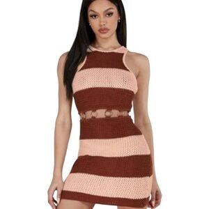 L’atiste Crochet Striped Brown & Pink Retro Style Dress w/Ring Waist Cutout NWT